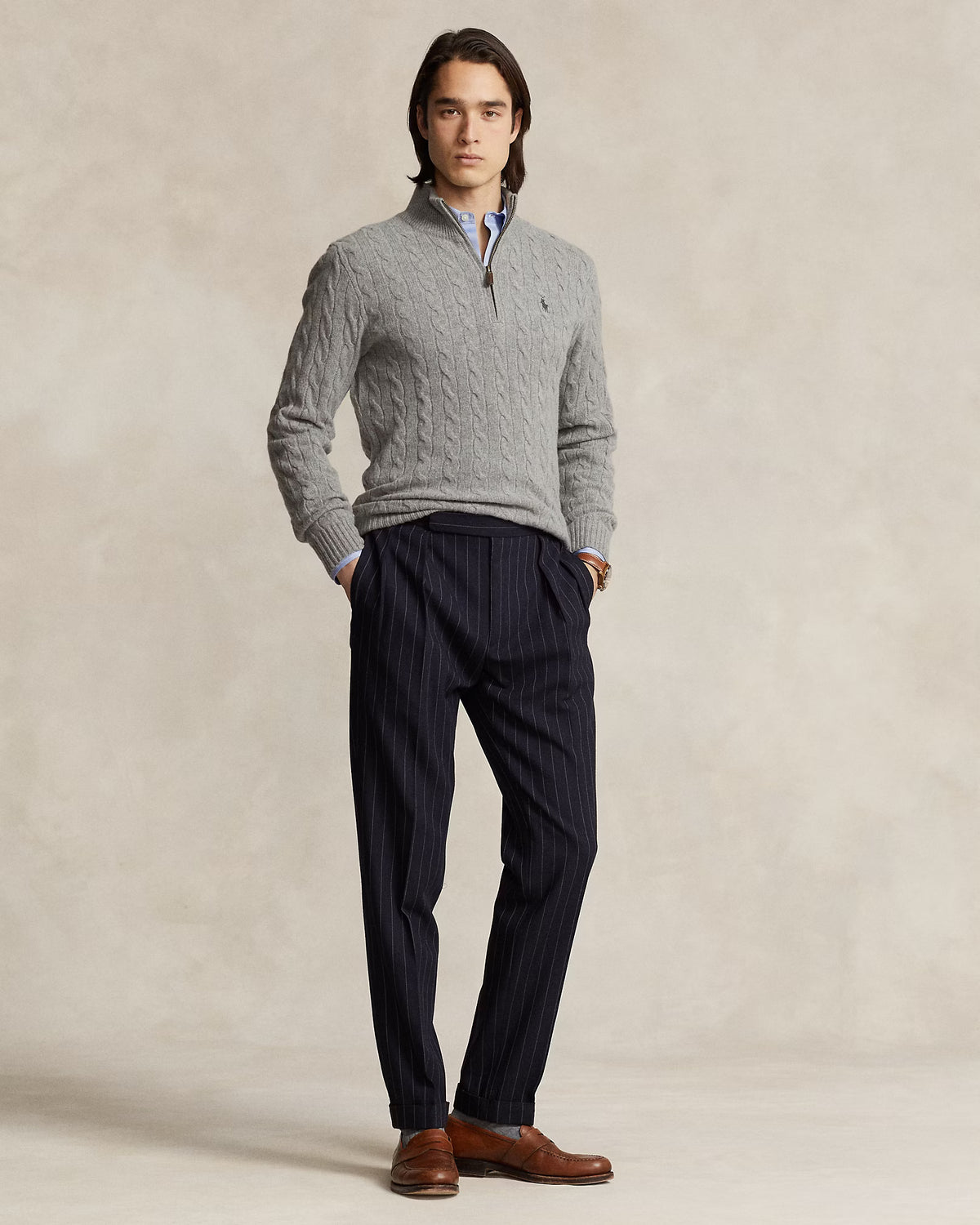 Polo Ralph Lauren Cable-Knit Quarter-Zip Jumper Save to Wishlist "Fawn Grey Heather"