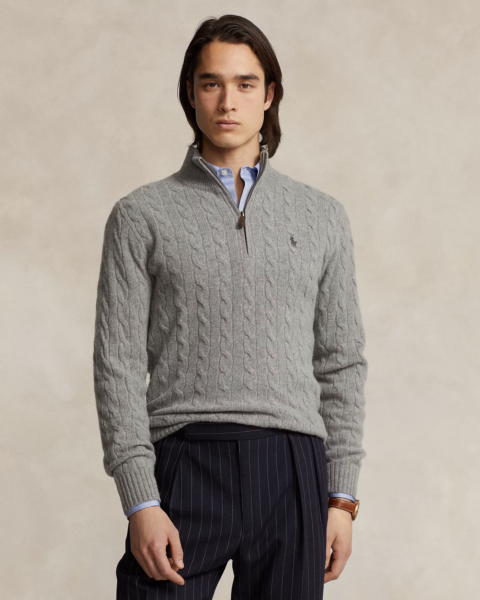 Polo Ralph Lauren Cable-Knit Quarter-Zip Jumper Save to Wishlist "Fawn Grey Heather"